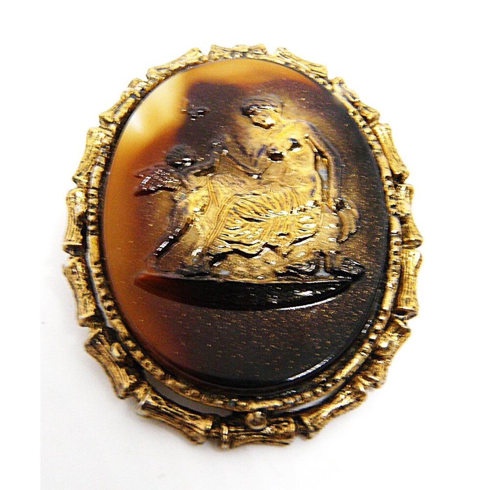 Vtg Victorian Style Cameo Brooch Pin Gold Tone Frame w Mythological Scene